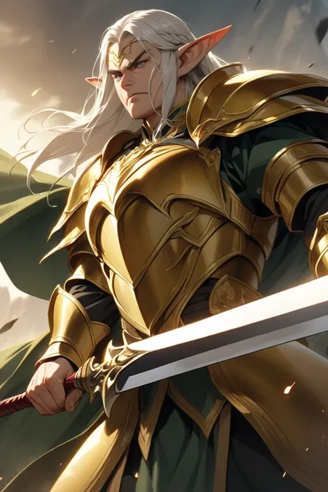 A full-bodied male elf from the Lord of the Rings universe in a battle pose with a curved sword like that of the elves, with a black and gold armor