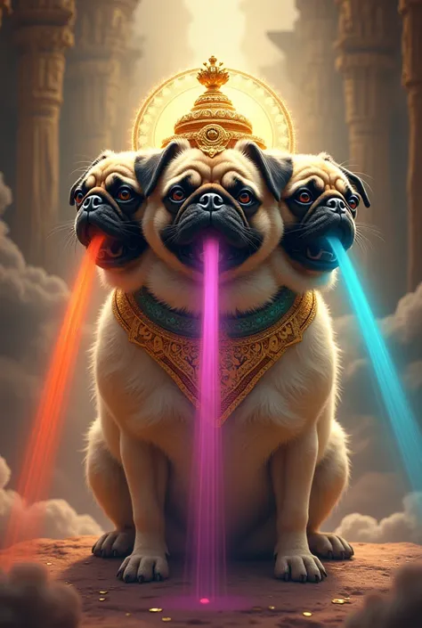 pug with three heads and is a Hindi god that pukes rainbows and smiles