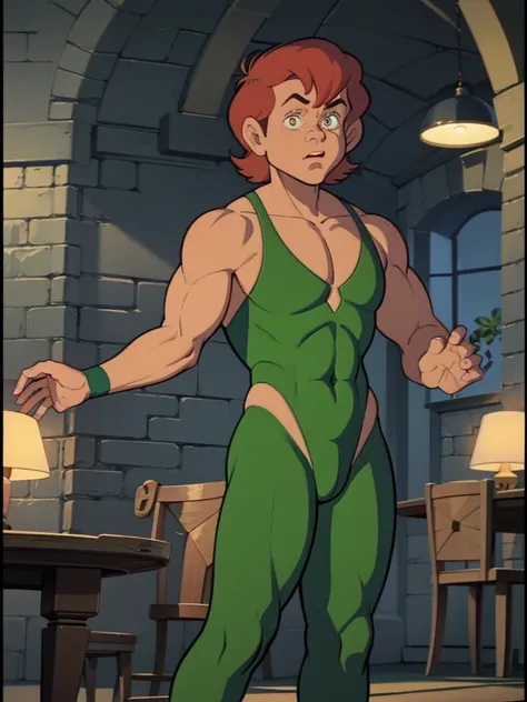 a redhead cartoon character dressed in a green leotard, very muscular, a young male wizard, 1980s cartoon, animated episode still, Presto (((mad)))