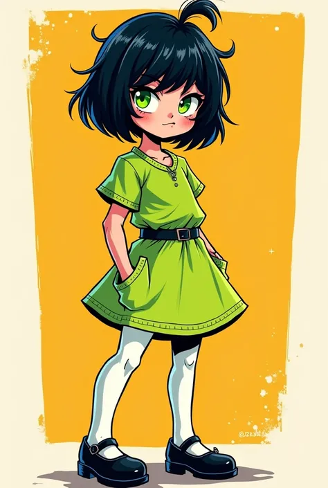 Comic: abrasive tomboy with messy black bobcut with small cowlick, lime green eyes, lime green dress with black belt, white tights and black Mary Jane shoes.