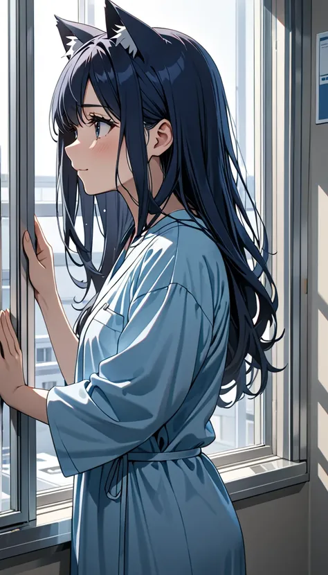 8K Ultra High-Quality, ultra-detailed, High quality, dark blue hair, long hair, cat ears, hospital gown, hospital room, depressed expression, small smile, standing in the window, looking at the window, touching the window, looking up, side view, close up