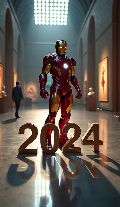 in a film scene, LONG SHOT of an improved masterpiece :1.5)0.9]. The number "2024" Standing on the ground and Iron Man standing on the side