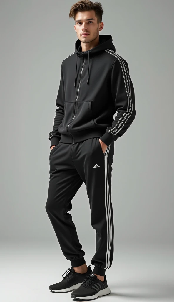  A young man around twenty-eight years old , skinny and sportswear ,  is fashionable but with a superior style.