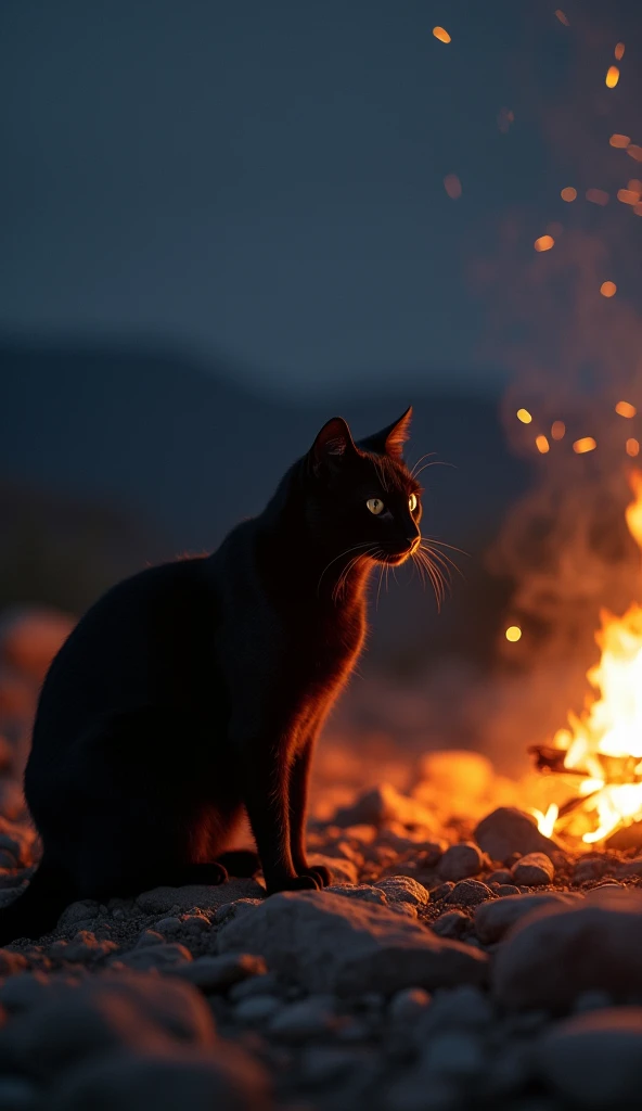 "A sleek black cat crouches on a rocky plain beside a glowing campfire. The fire crackles and casts a warm, flickering light, illuminating the cat’s sharp silhouette. Embers rise into the smoky night sky, creating an intense yet serene atmosphere."