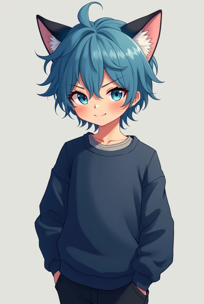 ( masterpiece,  best quality:1.2)  a boy, messy hair ,  winked blue hair,animal ears ,cat, blue eyes,smile, looking at the viewer,, Navy blue sweatshirt,gray shirt,  black pants 