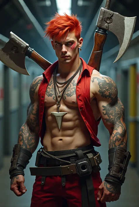 man,  one meter eighty tall , young appearance, 22 years old,  scarlet red hair ,  red eyes ,  scar cutting the left eye ,  scars on the body , athletic,  Serious expression,  wearing open red vest , exposed arms and chest .  wolf tattoo on the right arm a...