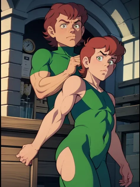 a redhead cartoon character dressed in a green leotard, very muscular, a 14-year-old male wizard, 1980s cartoon, animated episode still, Presto (((mad)))