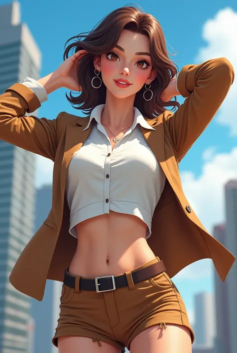 1 girl,work, Dynamic Angles , masterpiece,( Detailed ),(perfect skin), smiling, brown hair, brown eyes,jewelry,Earrings, medium length , long sleeves,belly button, medium breasts, session, Closed mouth ,jacket,camisa blanca,thighs,, outdoors,open clothes,s...