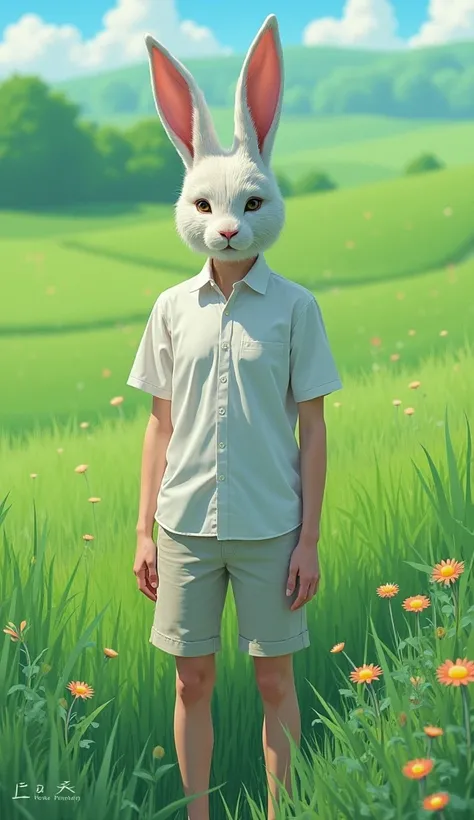  with shorts and white shirt and rabbit mask giving like in a green field anime, realistic, super detailed 