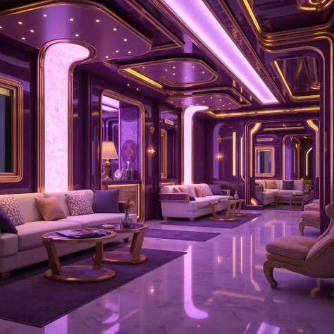  An advanced and highly technological elite comfort zone,  opulent and beautiful ,  in purple colors , golden and pink,  High resolution, Modern, elegant, HD.