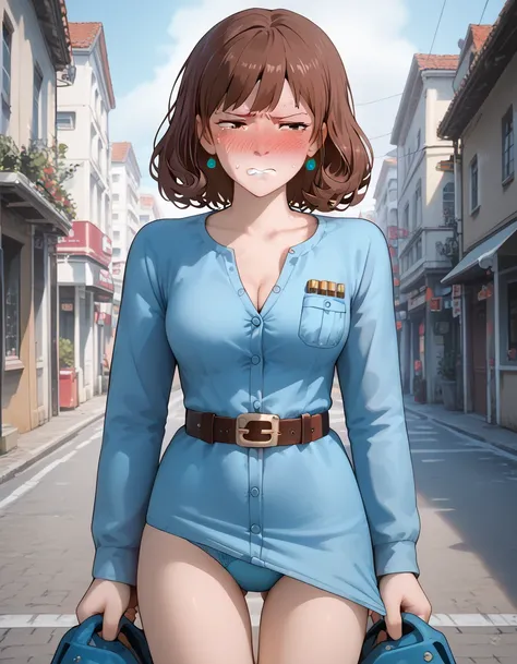 (fully clothed:1.5) (cleavage ,open shirts:0.9)(narrowed eyes:1.7) style style source_ anime anime_ coloring (Nausicaa,1girl,brown hair,　medium hair,　brown eyes, breasts, Nausicaa,1girl,brown hair,　medium hair,　brown eyes, breasts, earrings, (light blue dr...