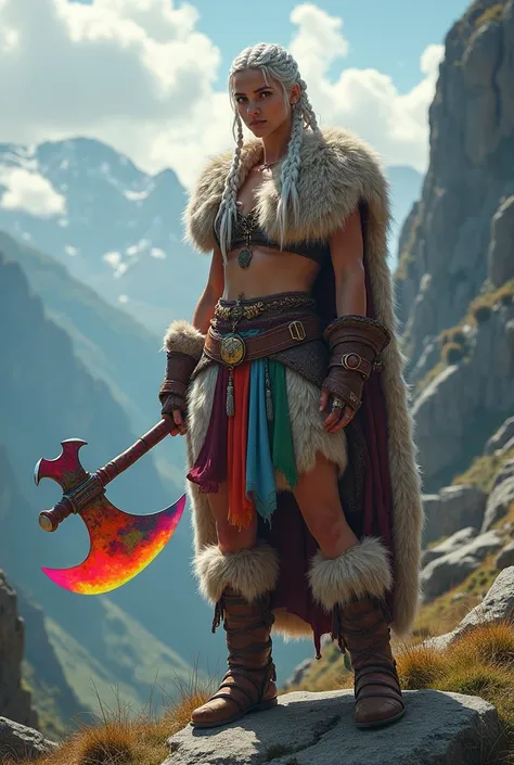 Create an image of a 20-year-old woman who is a barbarian. She has braided hair in a Viking-style hairstyle and holds a two-handed axe with a tutti-frutti-colored blade. She wears a fur outfit is fully in rainbow colors. She is standing on a rock in a DnD ...