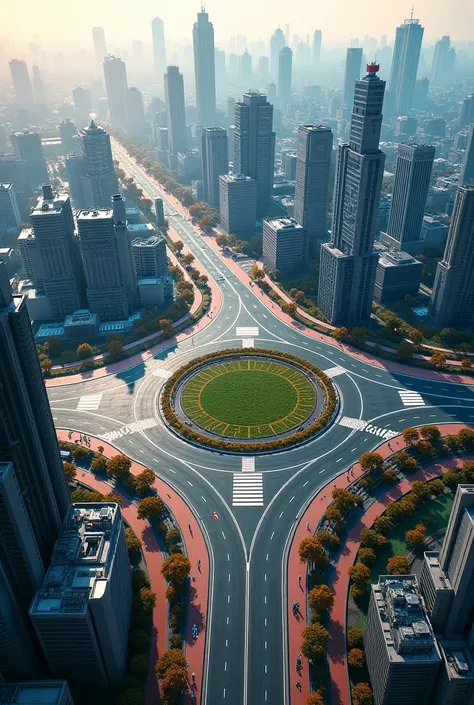  Create a city that can be seen from the top view,  that has traffic signs , a roundabout ,  and demarcations of pedestrian crossings  