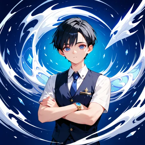 score_9,score_8_up,score_7_up,masterpiece,(1boy),19-years-old ,university student,BREAK Nagi-kun ,black hair,very short,(Forehead:0.8),dark blue eyes,(baby face:0.8),( melancholy expression:0.8),Petite,Slim BREAK navy vest,Short sleeve dress shirt, blue ti...