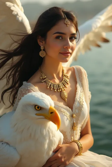 A stunning, young pakistani young bot with porcelain-like pale skin, adorned with intricately designed gold jewelry, sits effortlessly on the back of a majestic white eagle, soaring above a serene river, with the background elegantly blurred, creating a ci...