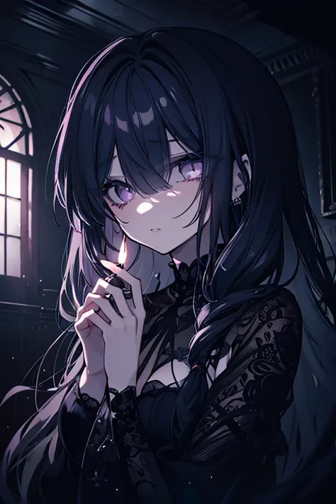 a girl in a haunted house, scared expression, beautiful detailed eyes,beautiful detailed lips,extremely detailed eyes and face,longeyelashes, tattered dress, disheveled hair, cobweb, dark shadows, flickering candles, moonlight, horror, dark fantasy, cinema...