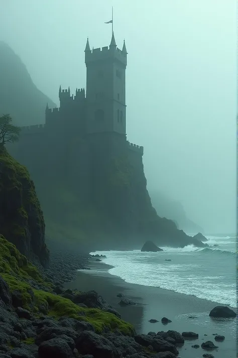  Create an image of a grimdark fantasy landscape in which there is a castle on the shore of a beach , everything is covered in mist and moss stones ,  in an ethereal environment dark and gothic and artistic fantasy with a grainy eighties film filter.