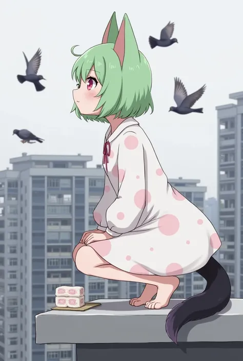 Girl with green hair and lynx ears. with pink eyes. Dressed in a white dress with long sleeves and pink polka dots. With a black tail and the tip of the tail is ash-violet.

She stands on the roof of a multi-story building,squats and feeds pigeons. The sky...