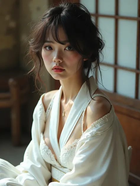 real photograph, (masterpiece), (Best Quality), (Super detailed), (messy hair ), ( A Japanese girl ), (White kimono, White lace bra), sitting,  fashion model , (fantasy onsen world background),  more beautiful and delicate eyes than keeltheequine , real, B...