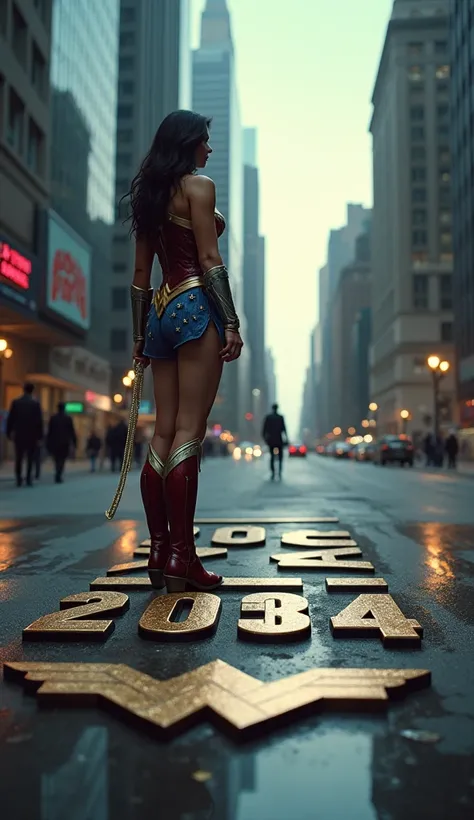 in a film scene, LONG SHOT o número "2024" Standing on the ground and Wonder Woman standing next door