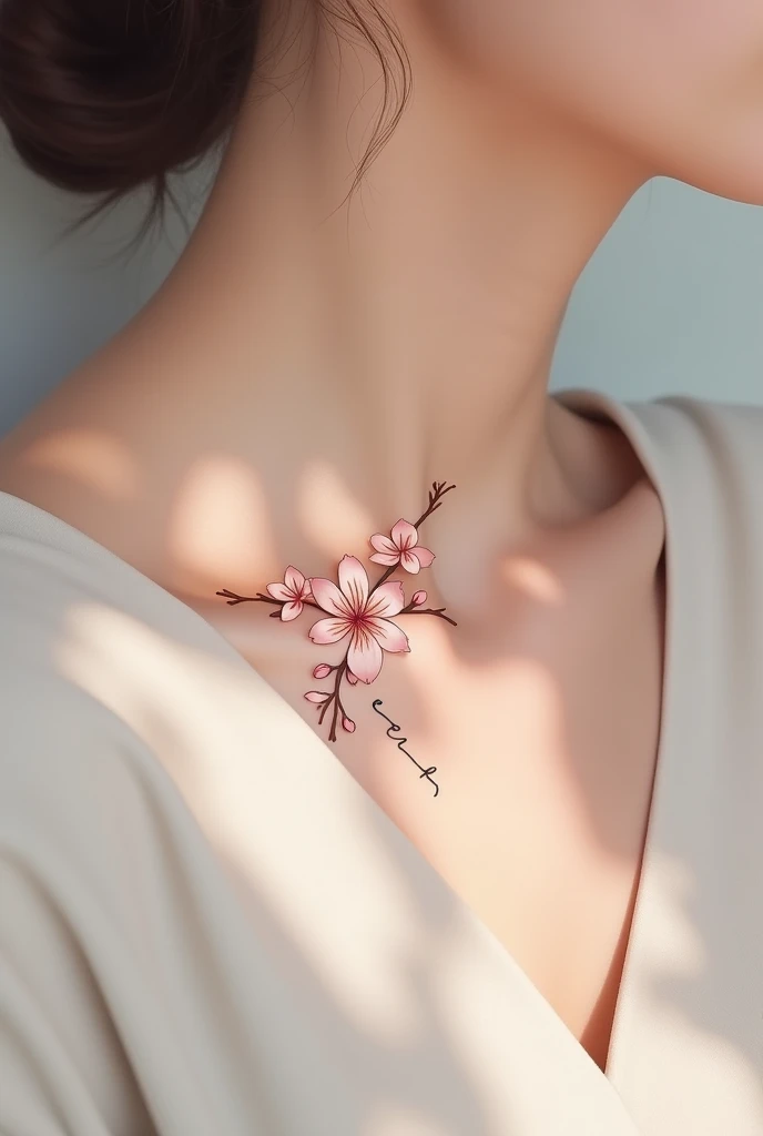  a delicate and small minimalist tattoo that says "CREATOR" with an elegant soft Sakura flower design 