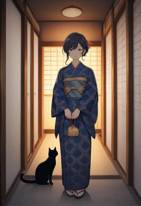 A woman in a traditional Japanese kimono, holding a black cat, standing in a room with Japanese architecture, a corridor facing a bright garden, beautiful detailed facial features, tranquil expression, 8K, detailed artwork, anime style, intricate kimono pa...