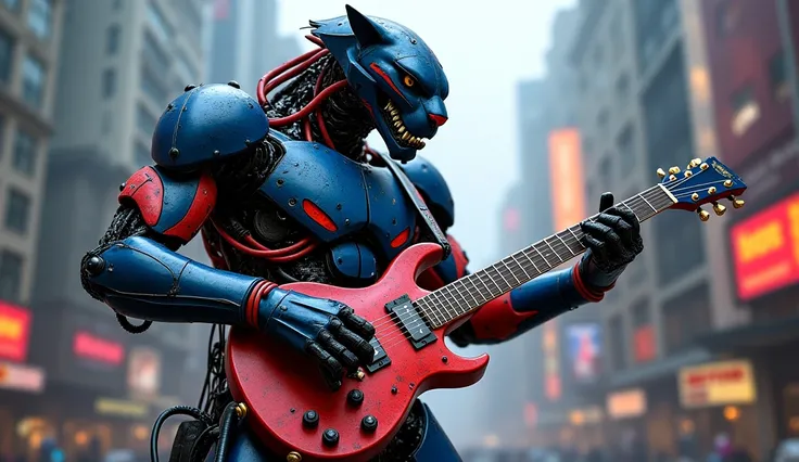  mutant panther mecha epica , chunky ,  with an electric guitar  ,  posing epically on the left of the image , Aura everywhere 