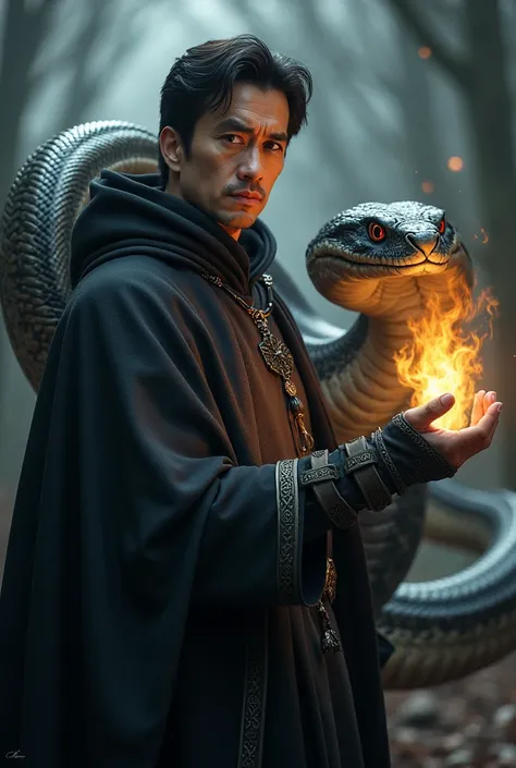 
 The photo is super realistic  ,  The image shows a man aged 50, next to him is a huge snake  ,  Python  , dressed in a suit, ,  resembling the costume of a magician or battle magician from the fantasy world  . He faces away, runes with a slight mysteriou...