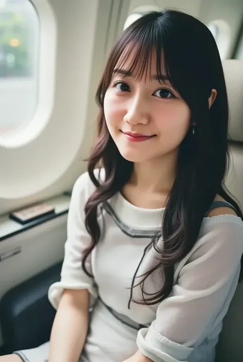 ( top quality ,masterpiece:1.3,Super high resolution),( super detailed , caustics,8k),( photorealistic:1.4,RAW shooting),Age 25, Japanese , cute, Stewardess Uniform, black hair short,tights, smile and look up at the camera,big ,Sit in your seat,on board,Hi...