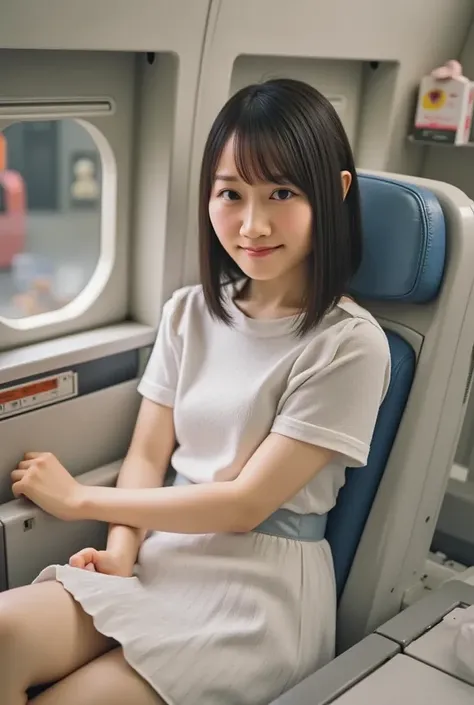 ( top quality ,masterpiece:1.3,Super high resolution),( super detailed , caustics,8k),( photorealistic:1.4,RAW shooting),Age 25, Japanese , cute, Stewardess Uniform, black hair short,tights, smile and look up at the camera,big ,Sit in your seat,on board,Hi...