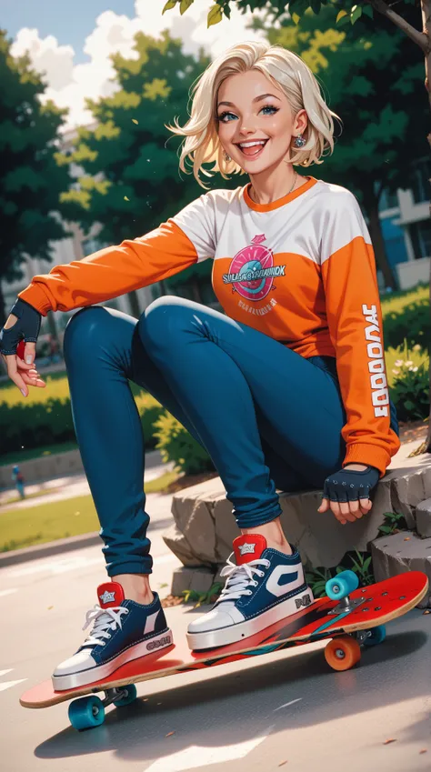  A rock style girl wearing a skateboard suit，Skateboard Pants ，Skateboard Shoes， Playing Skateboarding in the Park , White Blonde Hair  ，Happy