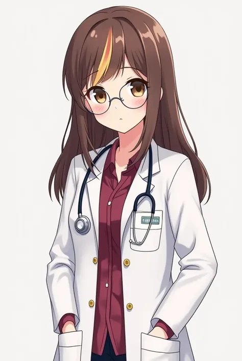  Full body cartoon in anime of a Female Doctor.  She is 20 years old.  Wear uniform wine shell color and white coat.  The hair is brown with blonde highlights .  The hair is long and straight.  brown eyes. Use stethoscope . Wear large white lenses . 