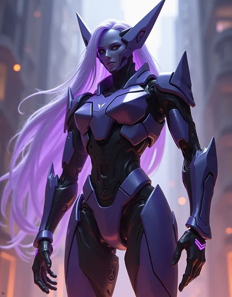 a full view of a purple and black robot with a long hair, official overwatch game art, echo from overwatch, overwatch splash art, from overwatch, overwatch style, screenshot from overwatch, moira from overwatch, overwatch fanart, overwatch character, overw...