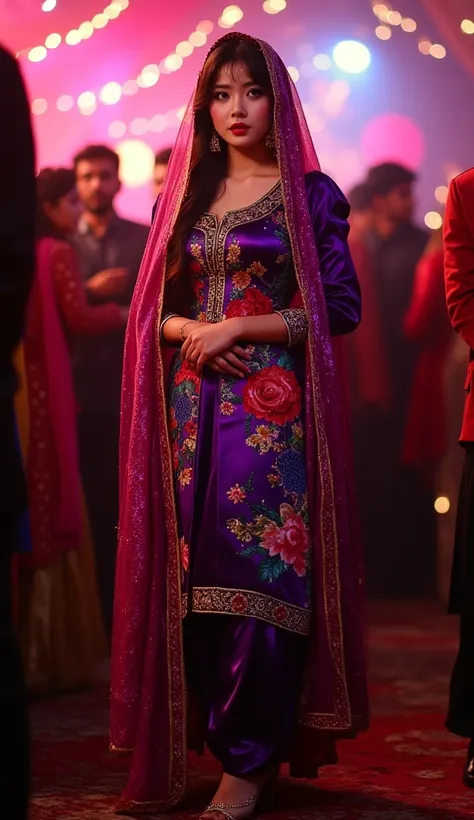 a tall apple body shape woman Korean standing straight and camera-facing at a party. She is peeking out from beneath an very high-shine soft satin dupatta, which covers her neck. She is adorned in a Punjabi-style outfit featuring a dark purple very high-sh...