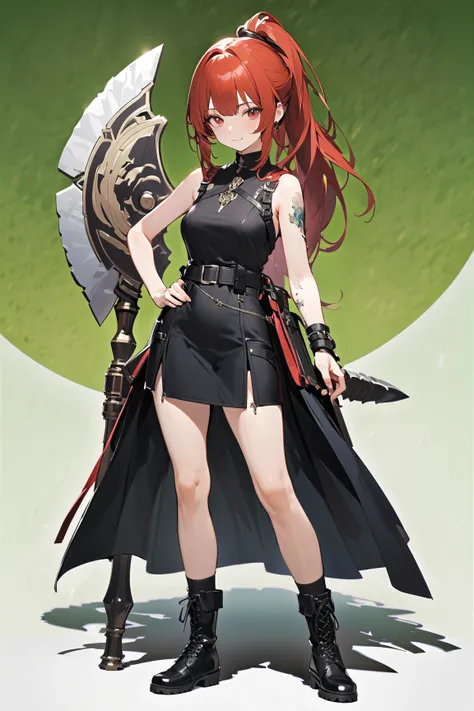 (green background:1.3), No wind, character sprite, wide shot, Break 
1 girl, (cute face), slender, Curious Look, light smile, , (petite), 150 cm tall,, Standing, full body, Red medium hair,  ponytail, red eyes, (medium breasts:0.8), slim, black military Ou...