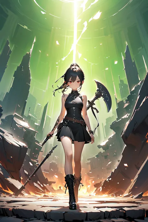 (green background:1.3), No wind, character sprite, wide shot, Break 
1 girl, (cute face), slender, Curious Look, light smile, , (petite), 150 cm tall,, Standing, full body, Red medium hair,  ponytail, red eyes, (medium breasts:0.8), slim, black military Ou...