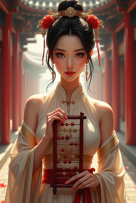 Drawing a portrait drawn on an iPad. A woman in ancient Chinese clothing, holding an abacus, a beautiful, sly face, sharp eyes, a good figure, no need to draw too realistically. A cover image of an ancient Chinese novel, the background is a palace.