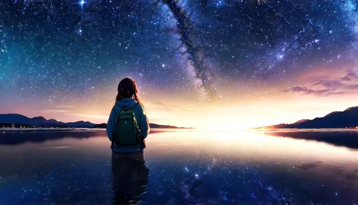 masterpiece, 8k, 1 girl standing in a salt lake,  the lake is a mirror reflecting the stars  ,  fantasy ,  detailed background , A woman drawn down to the smallest detail ,  anime girl watching the sky, 星の光が bright  , 瞬く starry sky ,  there are many stars ...