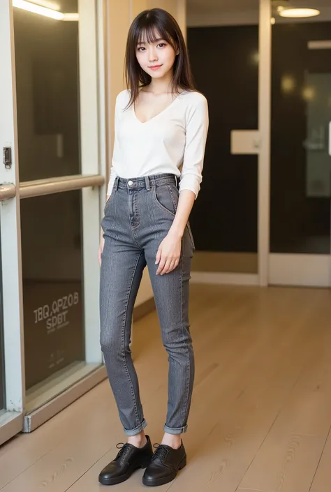 upper real , photorealistic , she looks very happy , shadow, Global Pi Illuminations , alone, (Teenage Japanese Girl:1.5), very beautiful and delicate Japanese girl , black hair、very beautiful、 smile , slim, 、 long sleeve blouse 、 pants style 、  skinny den...