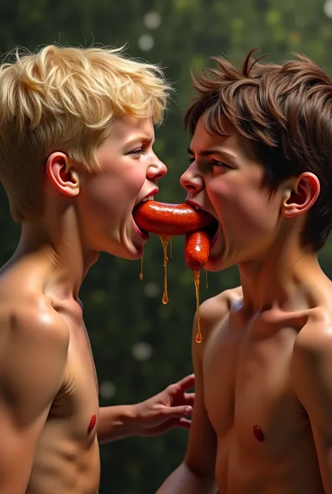 2 blond boys, y el otro con el pelo castaño,  uncensored, eating a sausage, one for each tip, wanting to swallow sausage, drips saliva, shirtless, its very hot, Sudan a lot, realistic photo