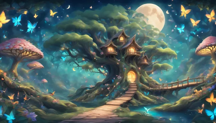 scenery、 butterfly 、1 big tree、Tree House Fantasy 、 Mysterious Forest 、 wonderful、flower、、 fairy 、moon