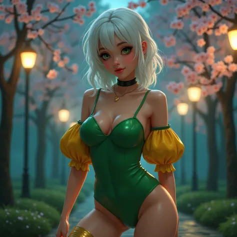 The girl is posing sexy in a sakura night park, wearing a green latex tight shinny sequin leotard, green eyes, black eyeliner around the eyes, white short hair, perfect fingers, flat chested, flat stomach, skinny body, posing sexy, small stature, lewd smil...