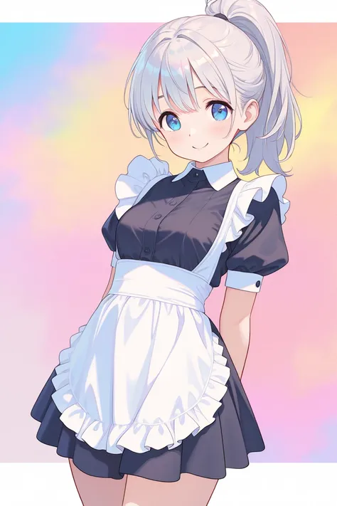 cowboy shot, 1girl, Solo, silver hair,high ponytail,tareme,blue eyes,maid,smiling, Looking at viewer, White background, Gradation background, Pastel colors, Colorful, Masterpiece, Best quality, Amazing quality, Very aesthetic, Absurdres, Newest 