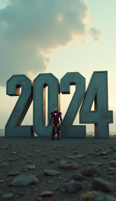 in a film scene, LONG SHOT o número "2024" standing on the ground and Iron Man standing on the side