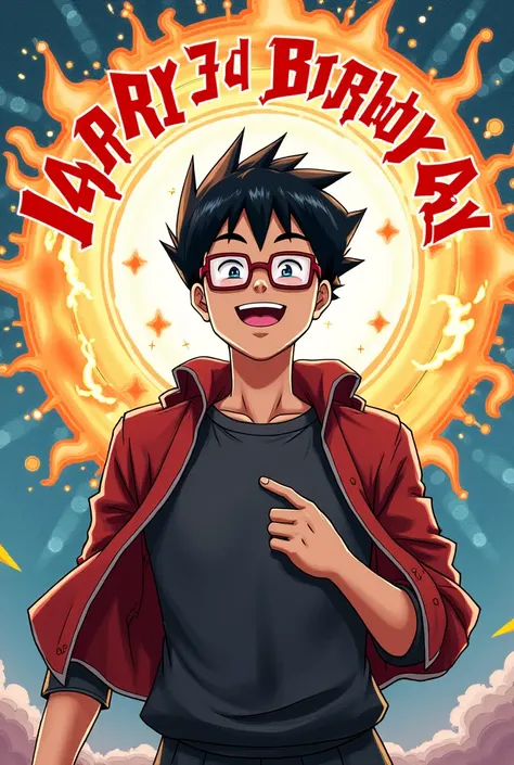  Image that says happy turn 23 around the sun anime style of Jujutsu Kaisen, The boy has to have black hair and glasses 