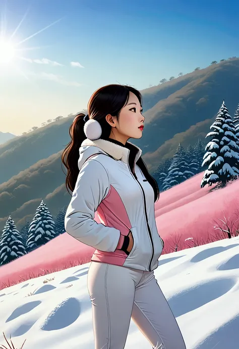 A realistic image of a beautiful Korean woman with long, dark longhair open forehead, large breasts, pale pink smooth skin, standing confidently at the top of a hill. She is wearing a white downlight jacket, open chest, no underwear, winter pants, hiking s...