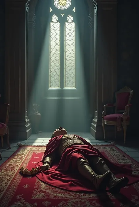 The Cursed Crowns Aftermath: A royal chamber at dawn, showing the lifeless body of the king lying on the floor. The crown is missing, and a trail of blood leads toward the shadows of the room.