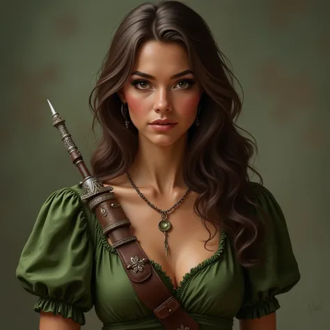 a young woman, She has tanned skin. It&#39;s high, has brown hair,  brown eyes.  Beautiful symmetrical face , mouth with full lips ,  and raised cheekbones .  She wears a moss-green royal-style dress , with leather bodice ,  has a holster around her waist ...