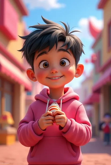  Pixar-style poster of a 20-year-old boy,  short black hair, clothing pink color, holding a Candy, chubby 