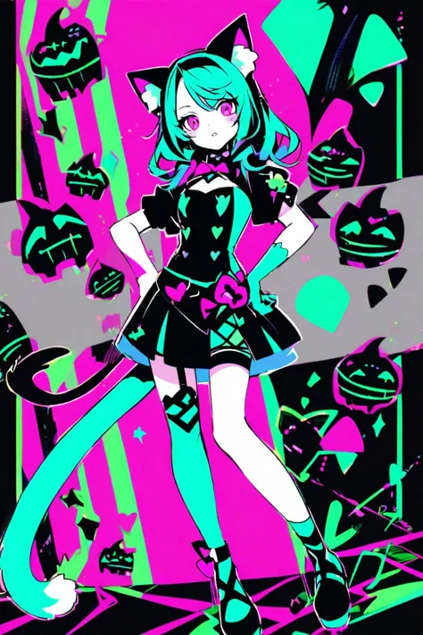 Idol cartoon girl。Cat ears and cat tail 。 Poison inspired design。Poison inspired color 。whole body